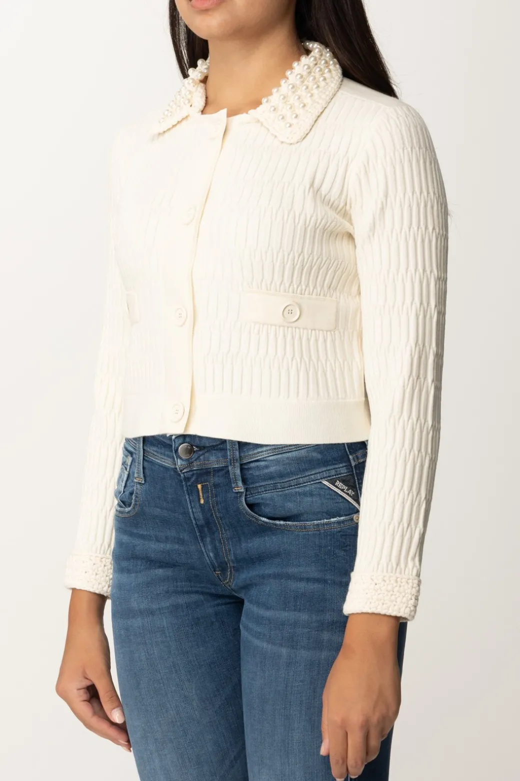 Pinko Cardigan Corto con Perline Al CollettoBIANCO MERINGA