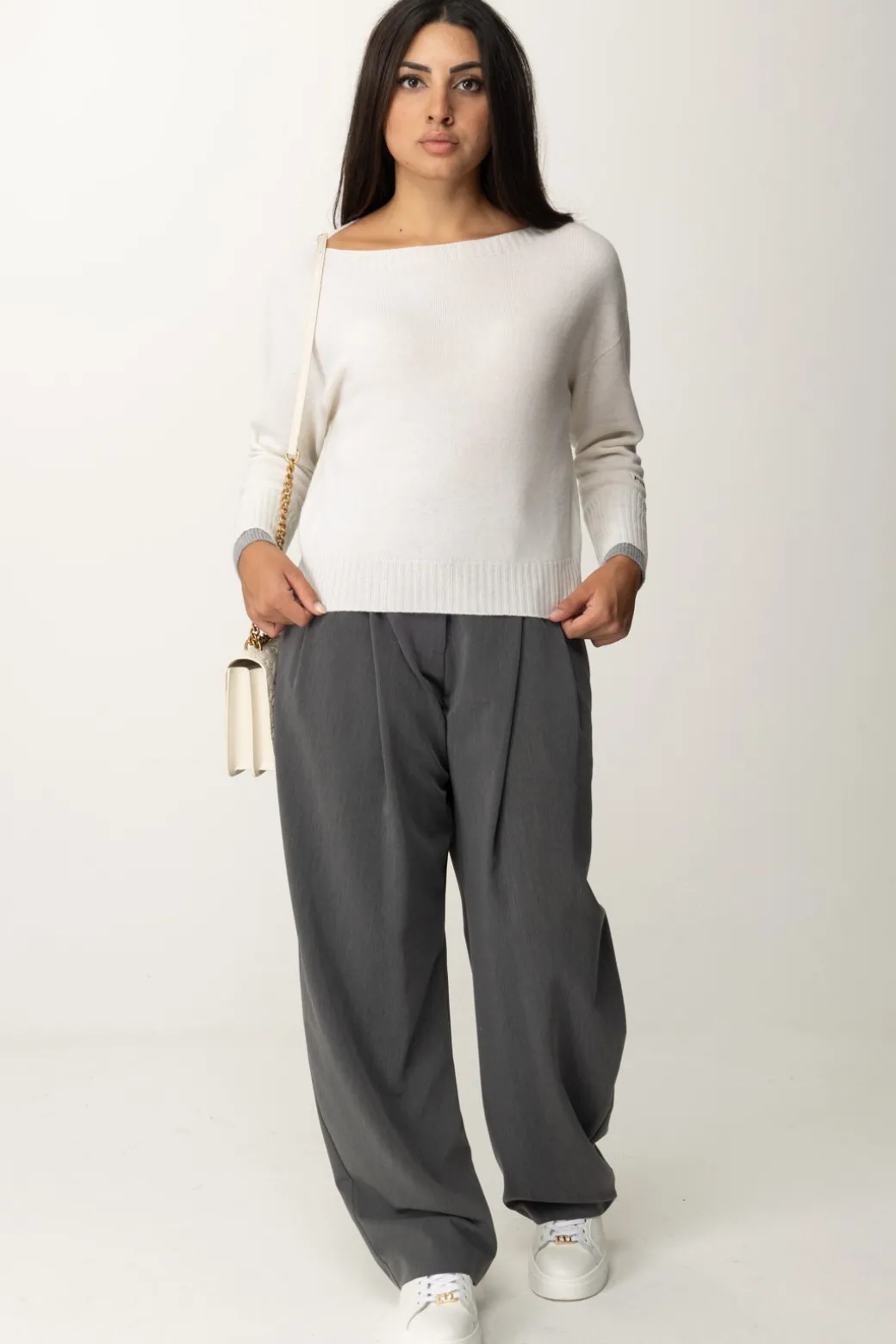 Pinko Maglia Scollo a Barca con Etichetta LogoBIANCO/GRIGIO