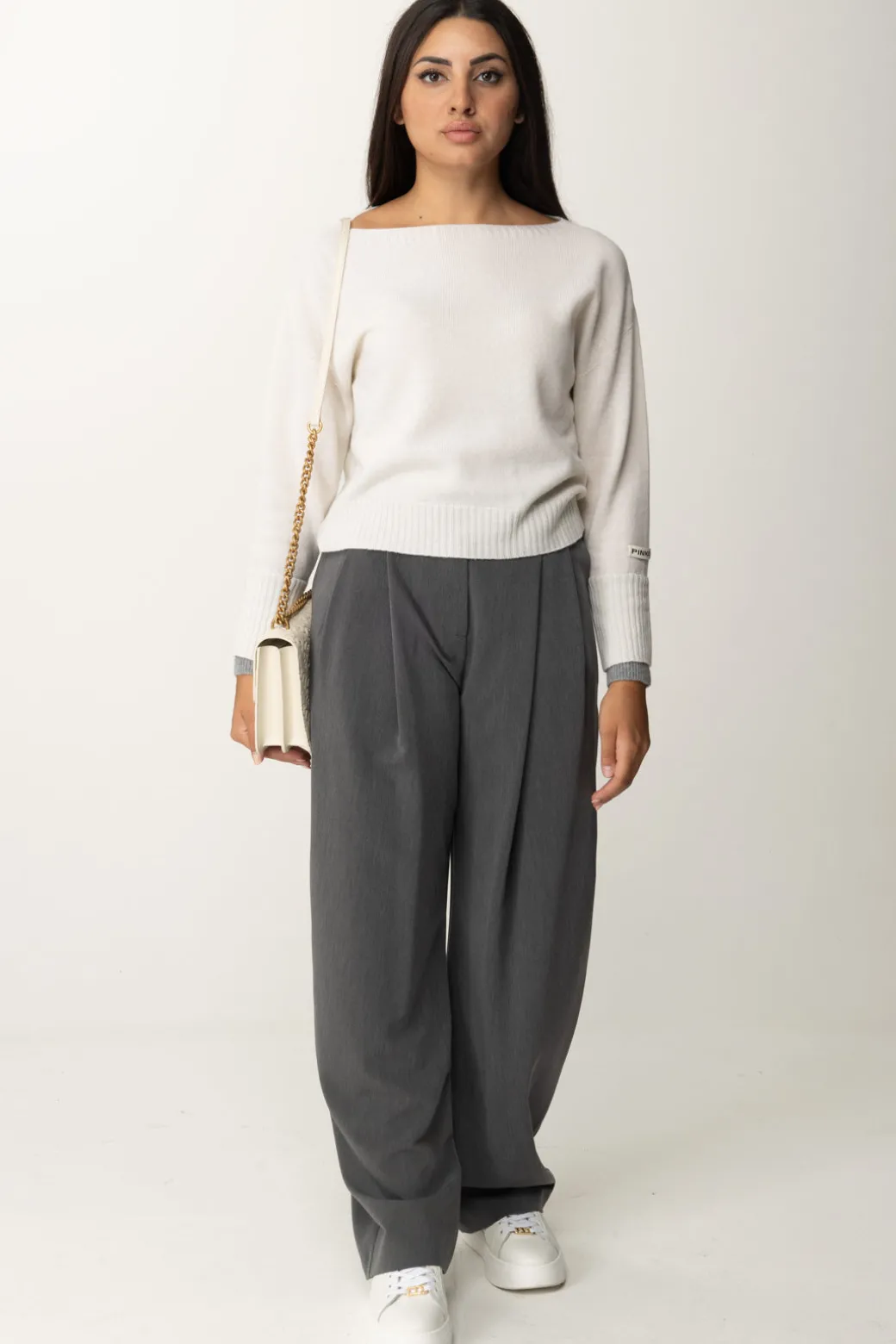 Pinko Maglia Scollo a Barca con Etichetta LogoBIANCO/GRIGIO