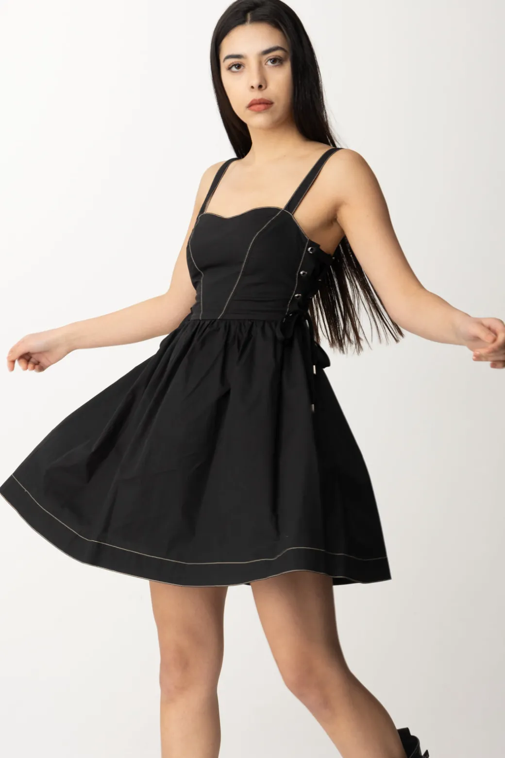 Pinko Mini Abito In Popeline con StringheNERO LIMOUSINE