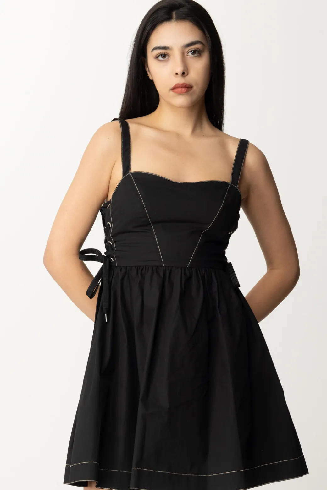 Pinko Mini Abito In Popeline con StringheNERO LIMOUSINE