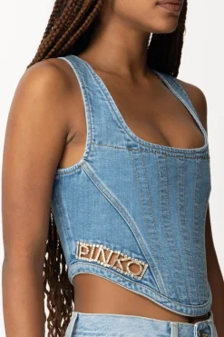 Pinko Top Bustier In Jeans con Logo StrassLAVAGGIO CHIARO VINTAGE