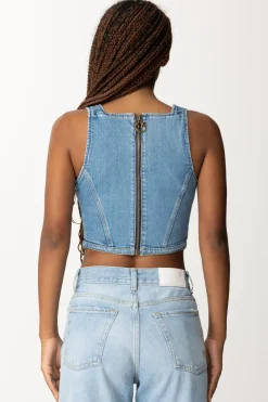 Pinko Top Bustier In Jeans con Logo StrassLAVAGGIO CHIARO VINTAGE
