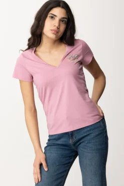 Pinko T-shirt con Scollo a V e Logo RicamatoFUMO ORCHIDEA