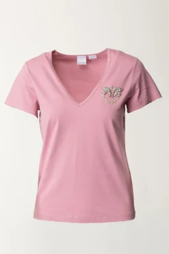 Pinko T-shirt con Scollo a V e Logo RicamatoFUMO ORCHIDEA
