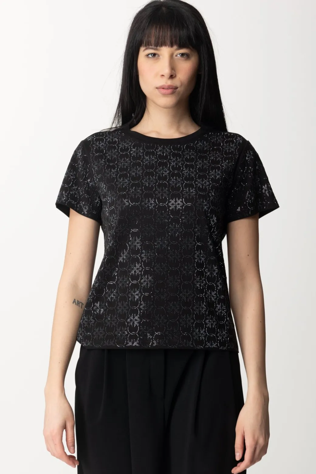 Pinko T-shirt In Cotone con Pattern In StrassNERO LIMOUSINE