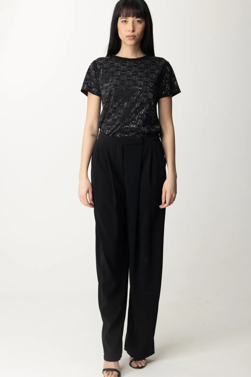 Pinko T-shirt In Cotone con Pattern In StrassNERO LIMOUSINE