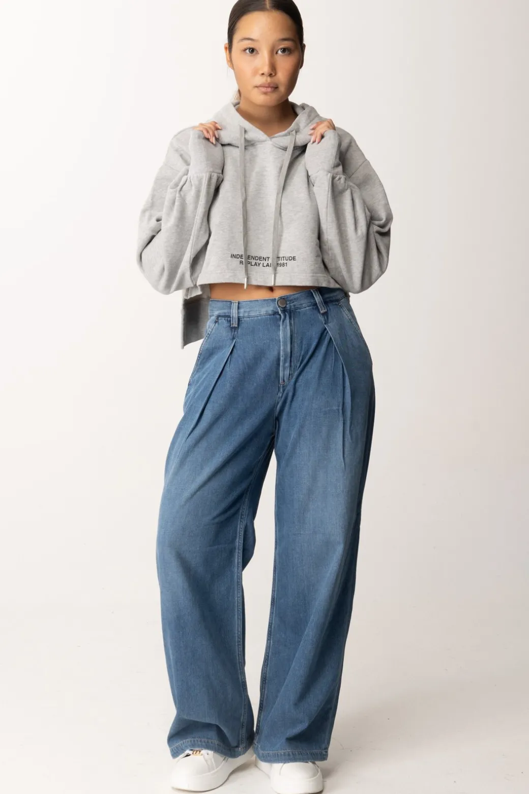 Replay Felpa Cropped con CappuccioMELANGE GREY