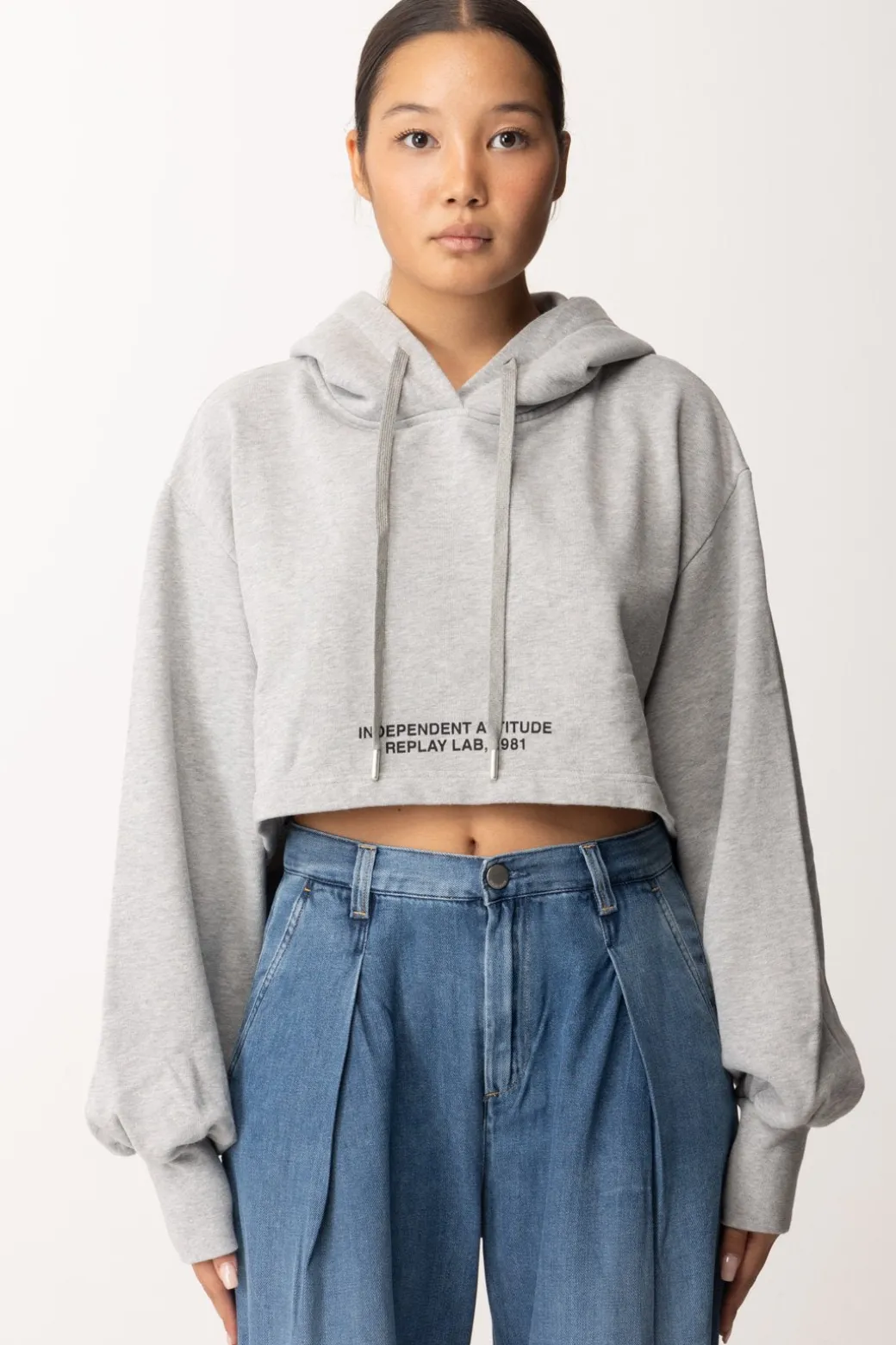 Replay Felpa Cropped con CappuccioMELANGE GREY