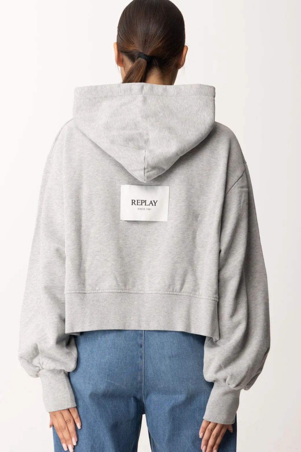 Replay Felpa Cropped con CappuccioMELANGE GREY