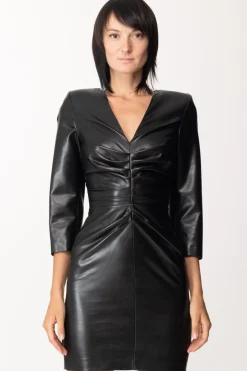 Simona Corsellini Abito In Pelle con Arricciatura FrontaleNERO