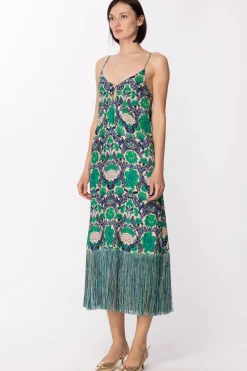 Simona Corsellini Abito Lungo con Stampa Floreale e FrangeBRIGHT GREEN