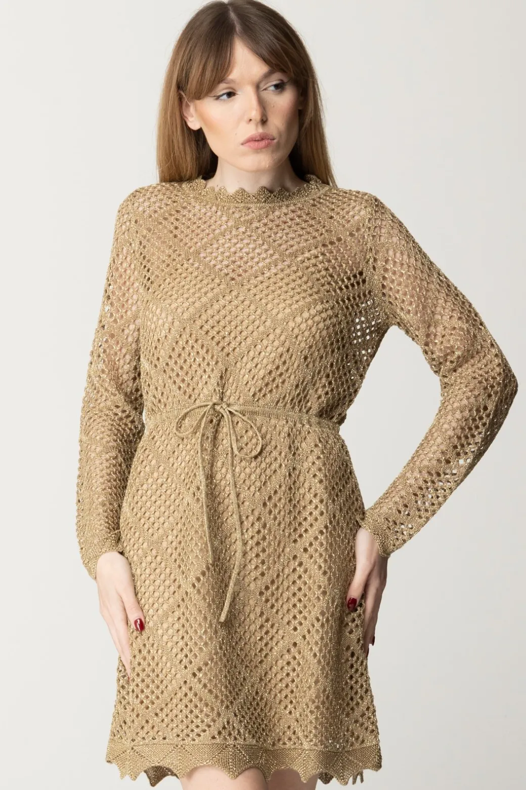 Twin-set Abito Corto In Maglia a Rete con LurexHAZELNUT CHIARO LUREX