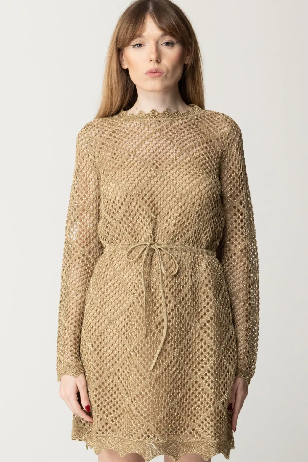 Twin-set Abito Corto In Maglia a Rete con LurexHAZELNUT CHIARO LUREX