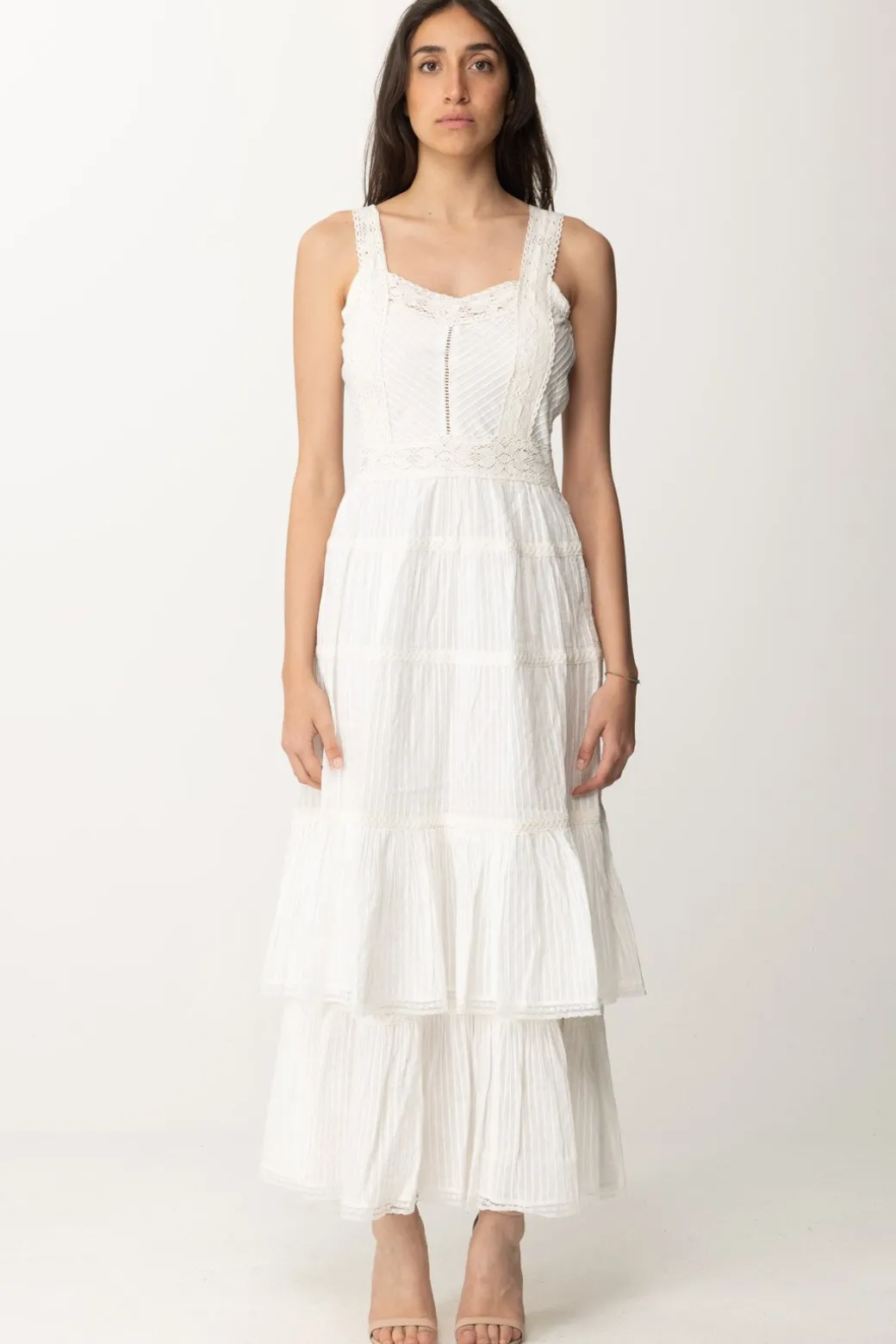 Twin-set Abito Lungo con Balze e PizzoBIANCO OTTICO