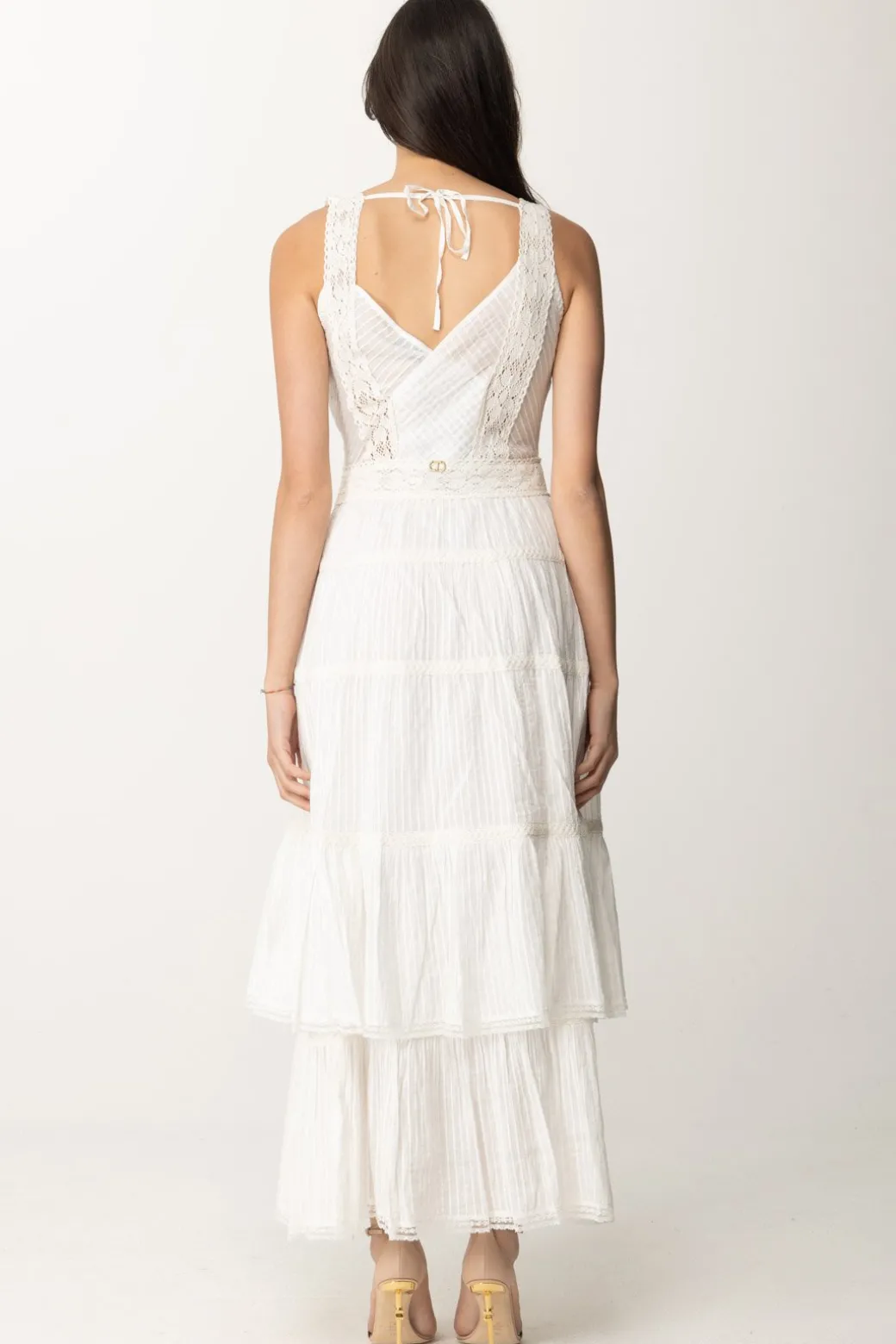 Twin-set Abito Lungo con Balze e PizzoBIANCO OTTICO