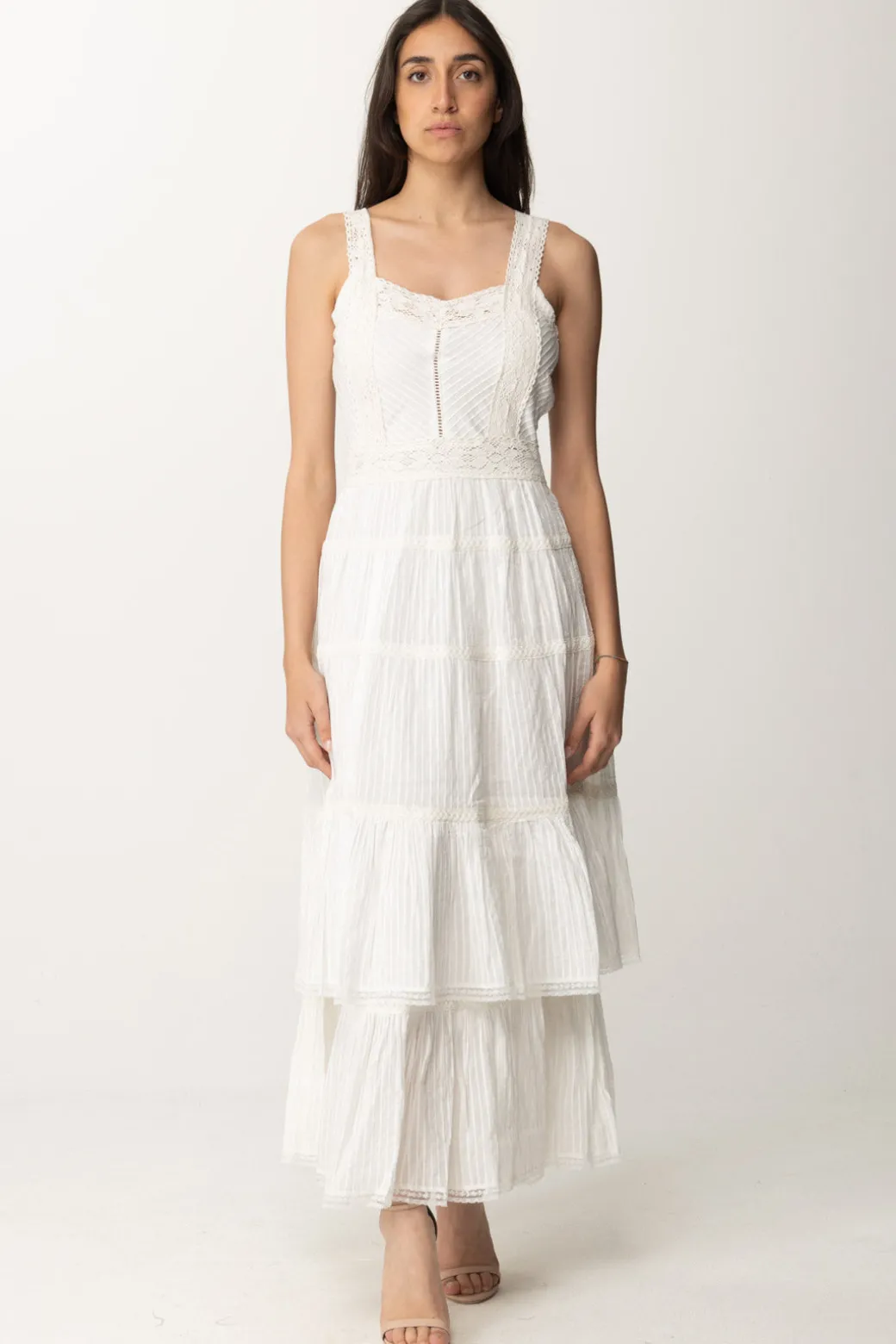 Twin-set Abito Lungo con Balze e PizzoBIANCO OTTICO