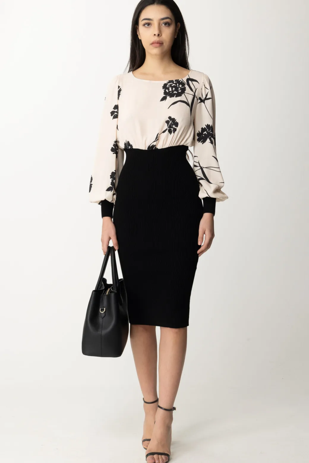 Twin-set Abito Midi con Stampa GarofanoBIC.NERO/ST.GAROFANO NERO/NEVE