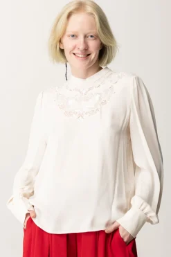 Twin-set Blusa In Crêpe con Ricamo FlorealeWHITE CREAM