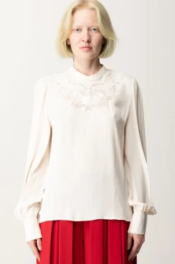 Twin-set Blusa In Crêpe con Ricamo FlorealeWHITE CREAM