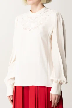 Twin-set Blusa In Crêpe con Ricamo FlorealeWHITE CREAM