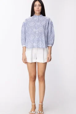 Twin-set Camicia Ampia e Asimmetrica In SangalloSANGALLO SU RIGA NEVE/INDACO