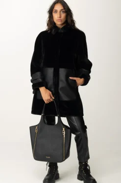 Twin-set Cappotto Eco Pelliccia e Inserti In PelleNERO