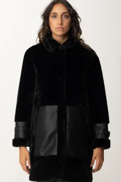 Twin-set Cappotto Eco Pelliccia e Inserti In PelleNERO