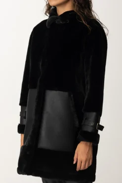 Twin-set Cappotto Eco Pelliccia e Inserti In PelleNERO