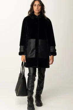 Twin-set Cappotto Eco Pelliccia e Inserti In PelleNERO