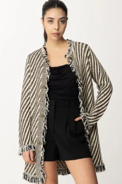 Twin-set Cappotto In Maglia a Righe con FrangeJACQUARD STRIPES NEVE/NERO/LUR
