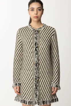 Twin-set Cappotto In Maglia a Righe con FrangeJACQUARD STRIPES NEVE/NERO/LUR