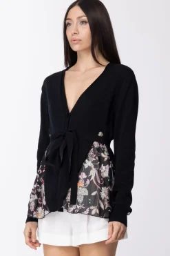 Twin-set Cardigan In Maglia con Inserti Stampati e FusciaccaBIC.NERO/ST.FIORE INDIANO NERO