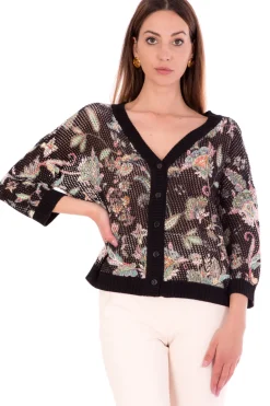 Twin-set Cardigan In Punto Rete Stampa FlorealeST.FIORE INDIANO NERO