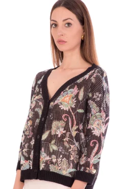Twin-set Cardigan In Punto Rete Stampa FlorealeST.FIORE INDIANO NERO