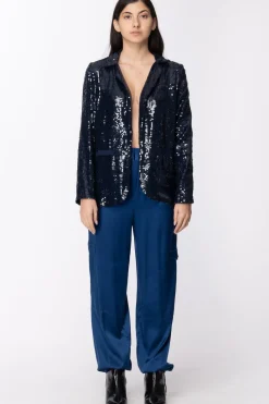 Twin-set Giacca Blazer con Full Paillettes con Chiusura Bottone Nascosto e StascheMID BLU