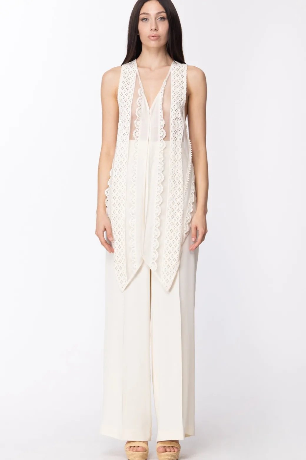 Twin-set Gilet Asimmetrico con Pizzi e TrasparenzeVANIGLIA/NERO