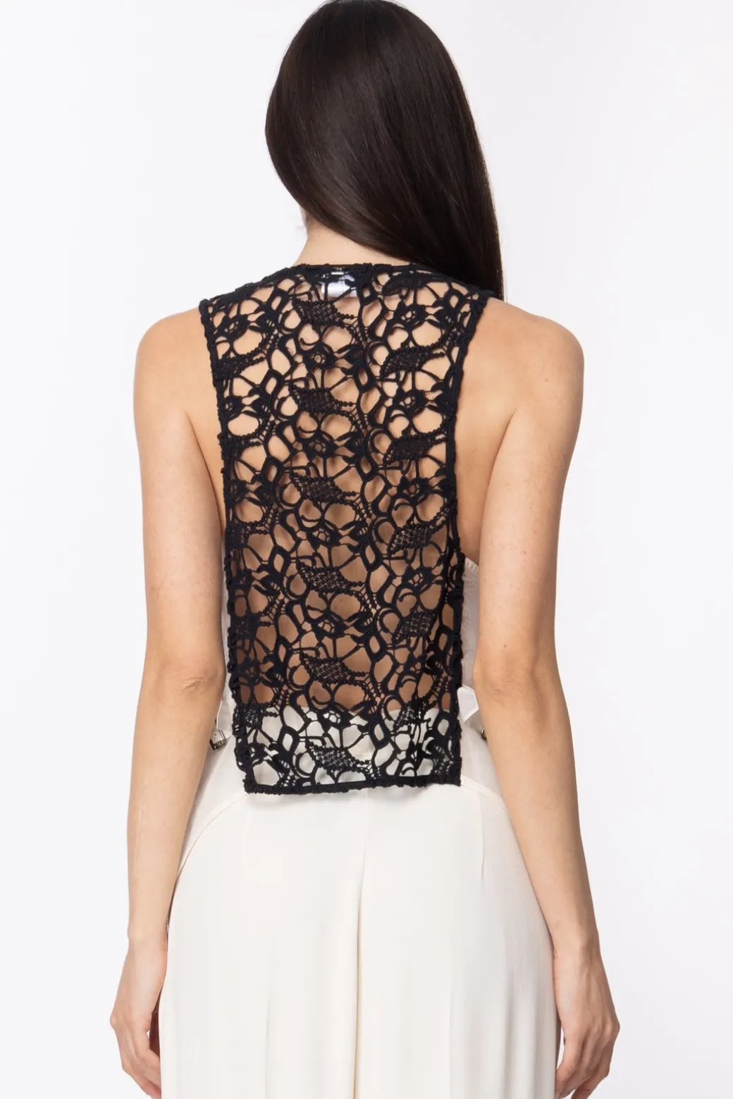 Twin-set Gilet Asimmetrico con Pizzi e TrasparenzeVANIGLIA/NERO