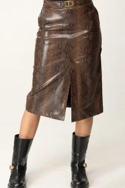 Twin-set Gonna Midi Effetto Pelle Lizard con LogoST.LIZARD COFFEE/BLACK