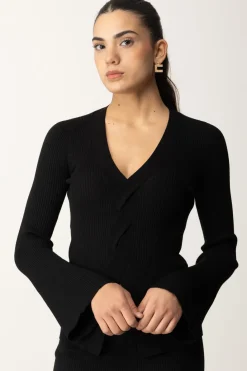 Twin-set Maglia a Costine con Incrocio FrontaleNERO