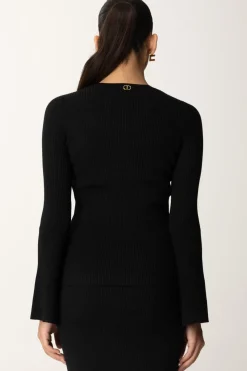 Twin-set Maglia a Costine con Incrocio FrontaleNERO