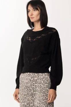 Twin-set Maglia con Pizzo e Logo RicamatoNERO