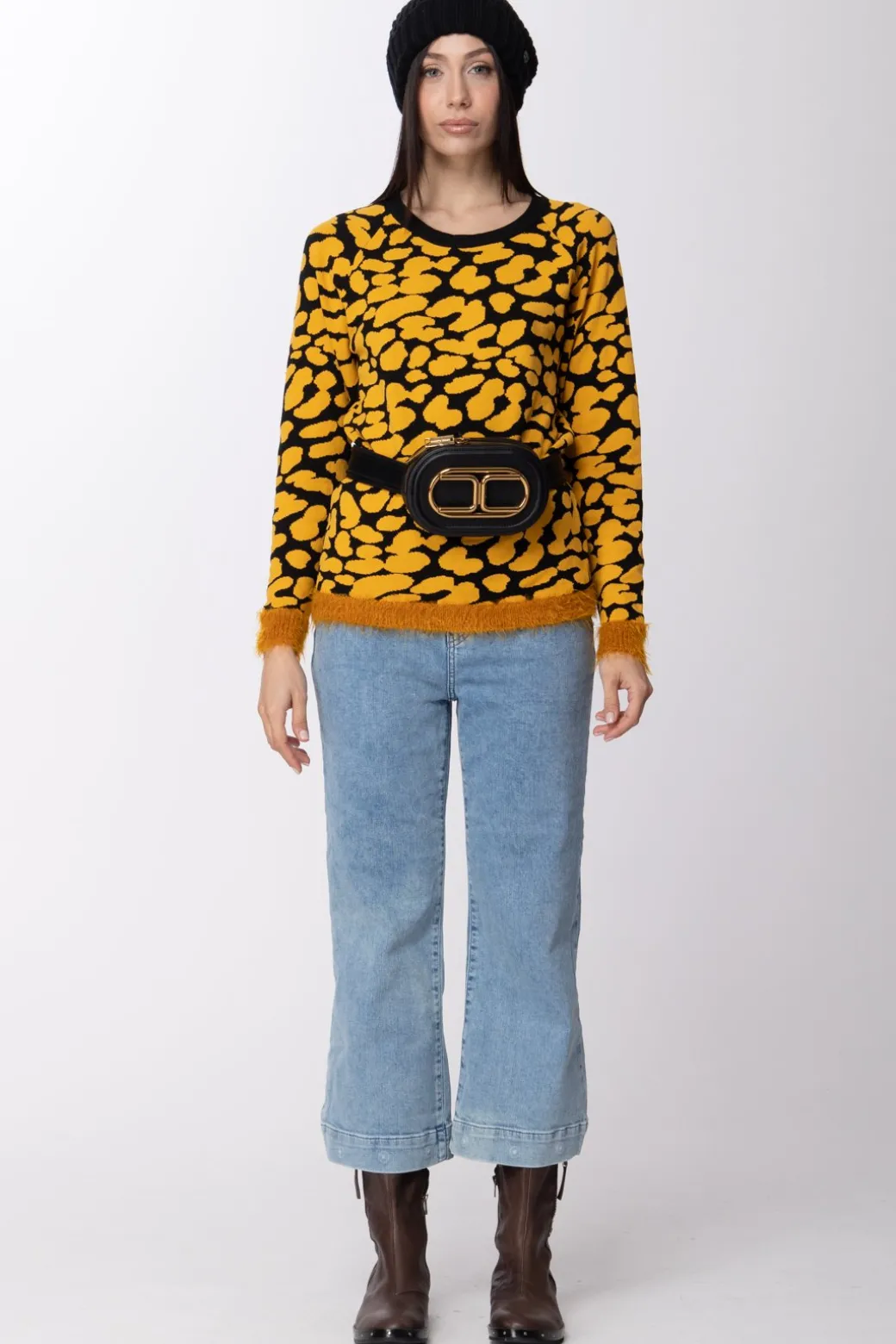 Twin-set Maglia Maculata con Riporti In PellicciottoGOLDEN YELLOW/NERO