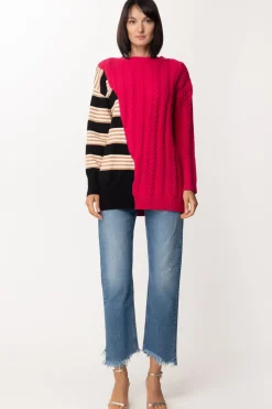 Twin-set Maglione Patchwork con Inserto a RigheMUL.PURPLE BERRY/NERO RIGA