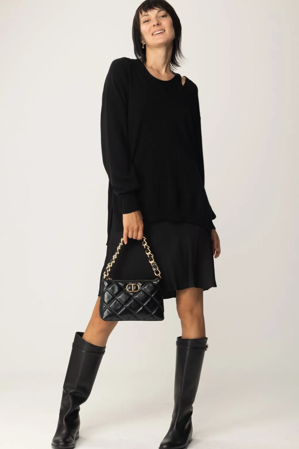 Twin-set Maxi Maglia In Lana Mini Abito In SatinNERO