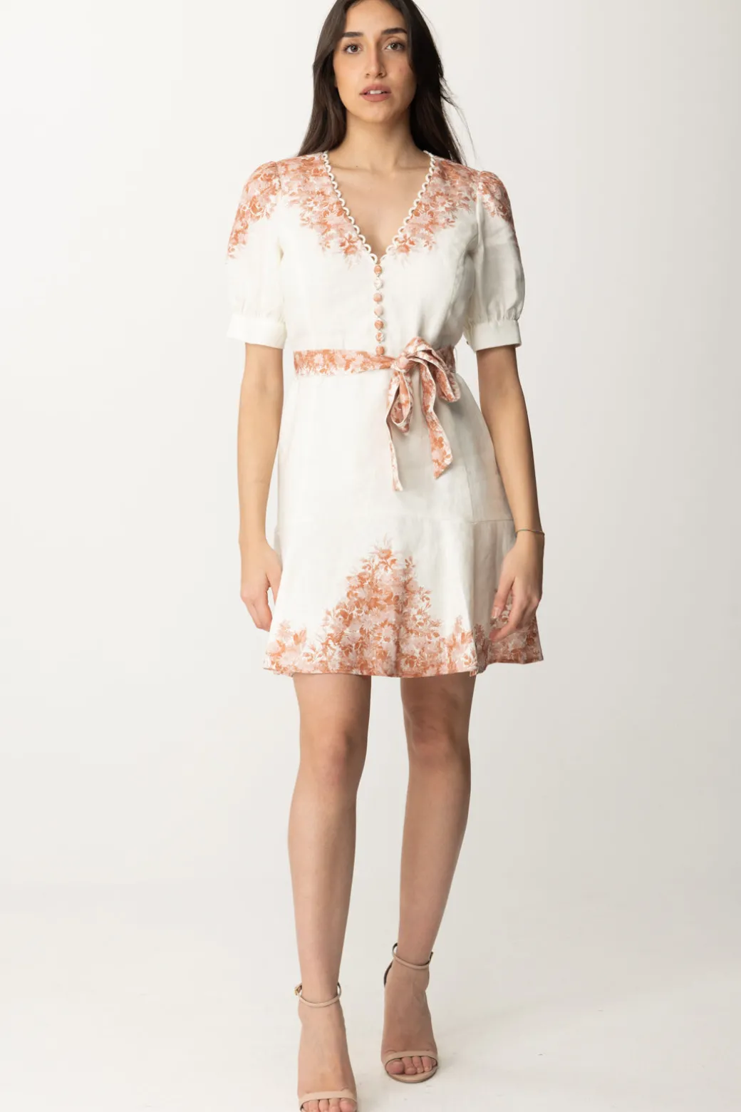 Twin-set Mini Abito In Lino Stampa FioriST.TOILE DE JOUY NEVE/PAPAYA