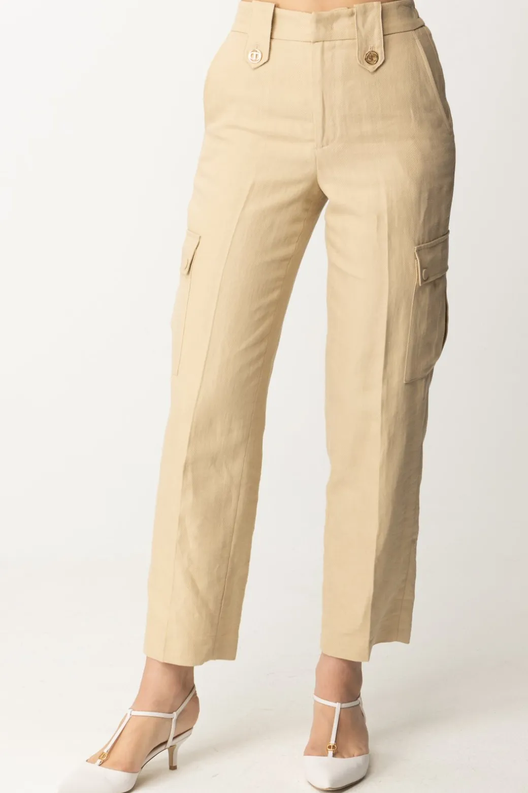 Twin-set Pantaloni Cargo In Misto LinoALMOND MILK