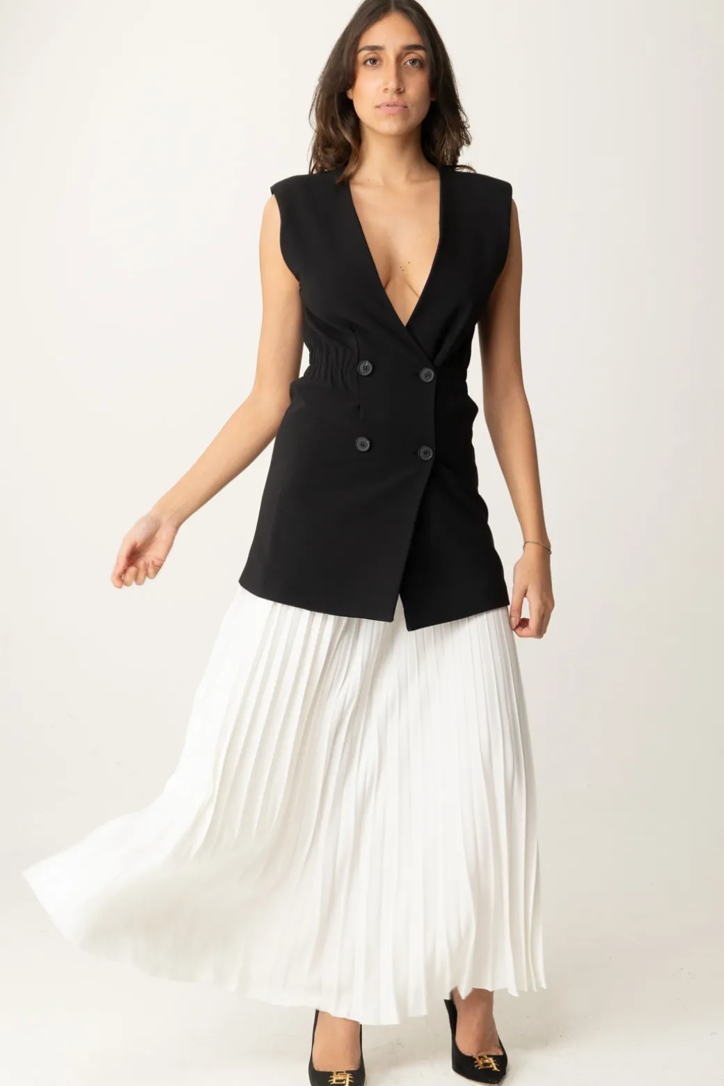 Twin-set Set Gilet e Gonna Lunga PlisséBIC.NERO/NEVE