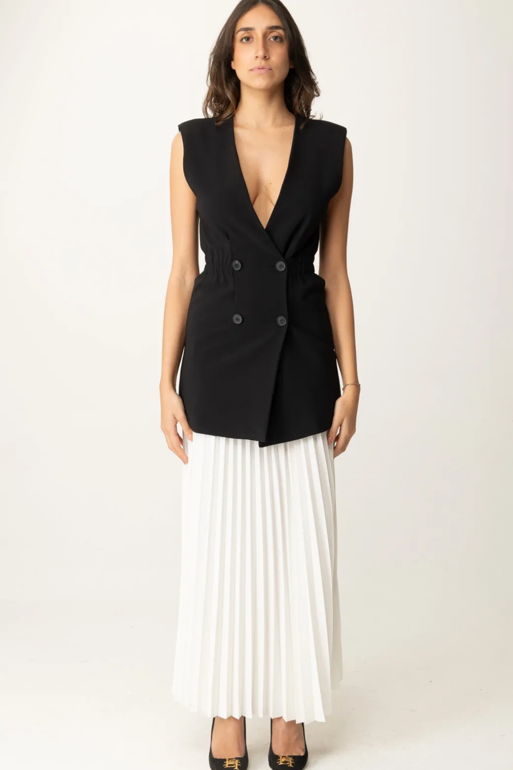 Twin-set Set Gilet e Gonna Lunga PlisséBIC.NERO/NEVE