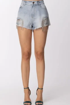 Twin-set Shorts In Jeans con Frange In StrassDENIM